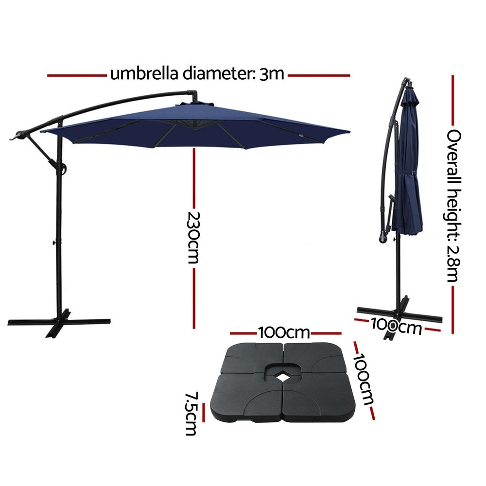 3m Cantilever Umbrella with Base - Navy Blue