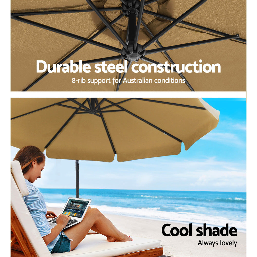 3m Cantilever Outdoor Drape Umbrella with 48cm Round Base - Beige - Homecoze