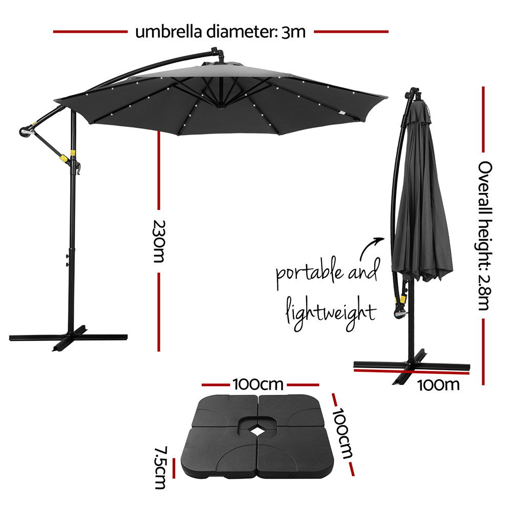 3m Outdoor Cantilever Umbrella w/Solar LED Lights - Charcoal - Homecoze