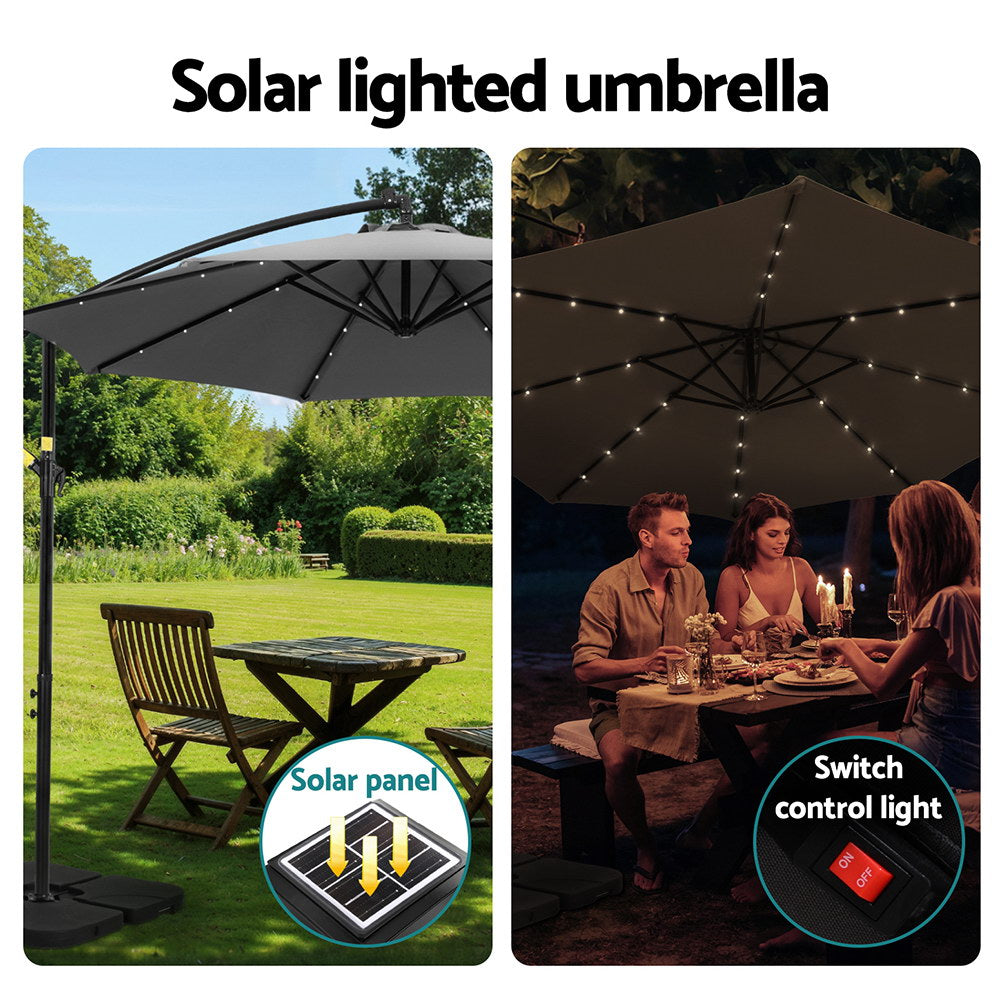 3m Outdoor Cantilever Umbrella w/Solar LED Lights - Charcoal - Homecoze