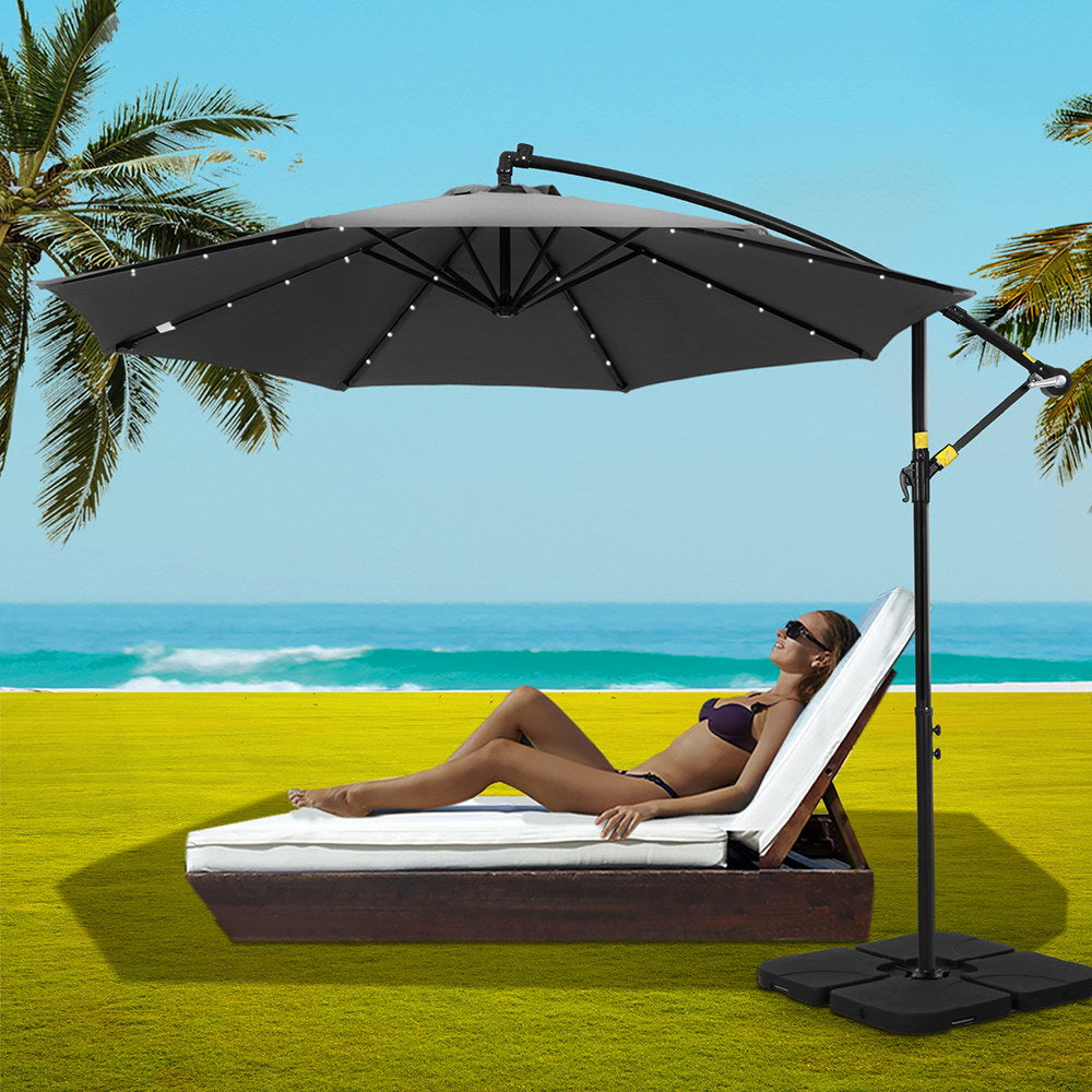 3m Outdoor Cantilever Umbrella w/Solar LED Lights - Charcoal - Homecoze