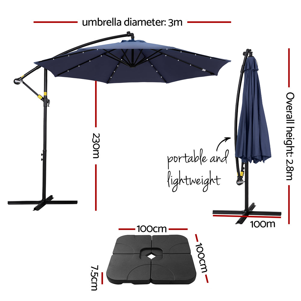 3m Outdoor Cantilever Umbrella w/Solar LED Lights - Navy Blue - Homecoze