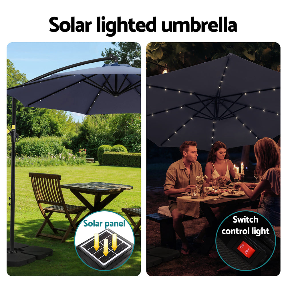 3m Outdoor Cantilever Umbrella w/Solar LED Lights - Navy Blue - Homecoze