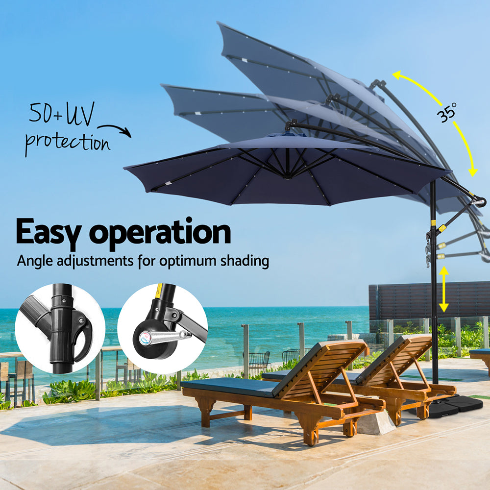 3m Outdoor Cantilever Umbrella w/Solar LED Lights - Navy Blue - Homecoze