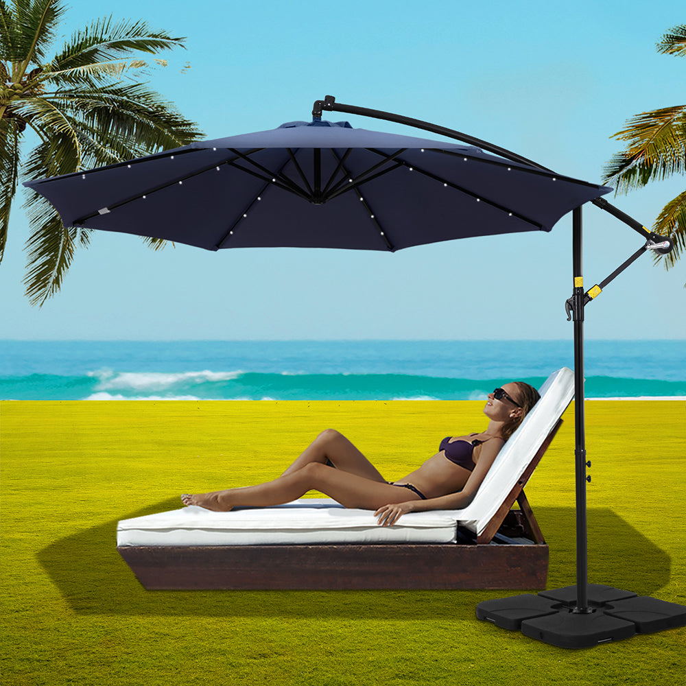 3m Outdoor Cantilever Umbrella w/Solar LED Lights - Navy Blue - Homecoze