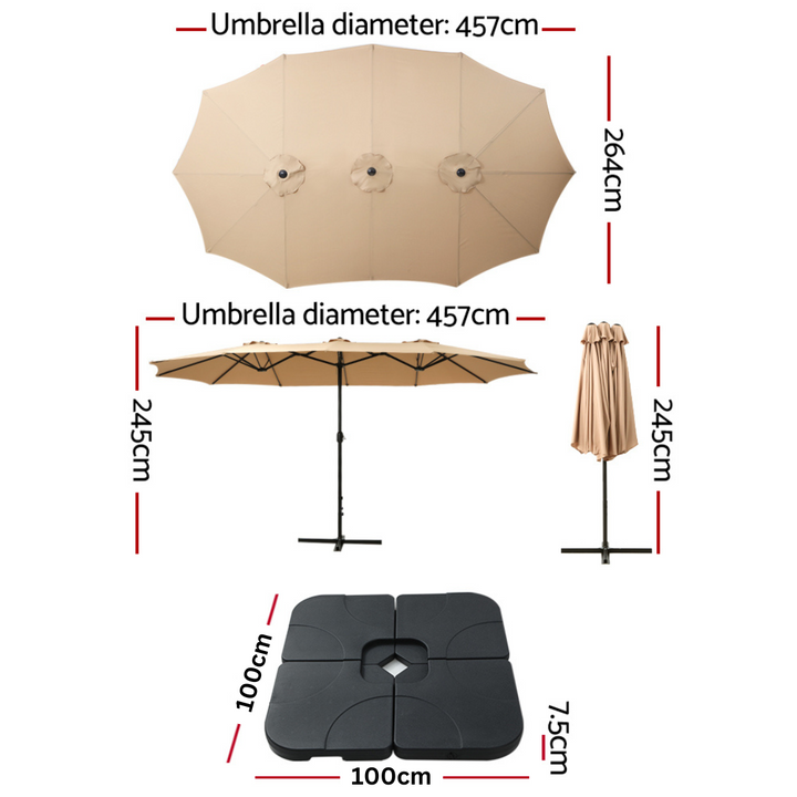 4.57m Extra Large Twin Umbrella with Base - Beige - Homecoze