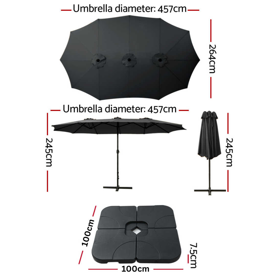 4.57m Extra Large Twin Umbrella with Base - Black - Homecoze