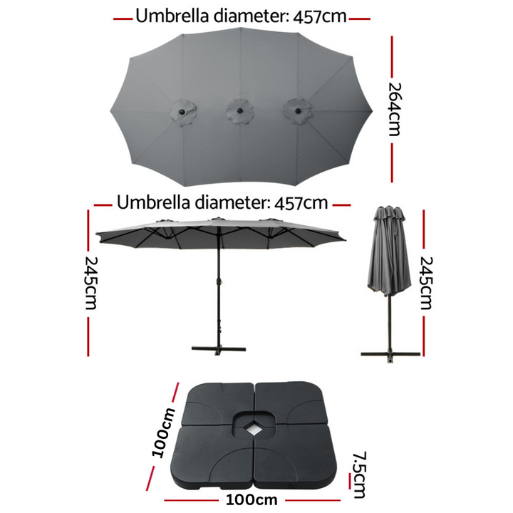 4.57m Extra Large Twin Umbrella with Base - Charcoal - Homecoze