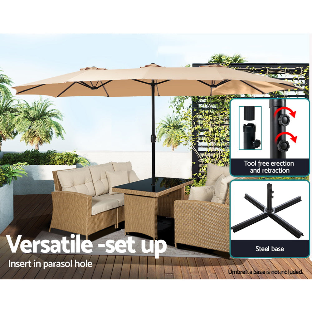 4.57m Extra Large Twin Umbrella with Base - Beige - Homecoze