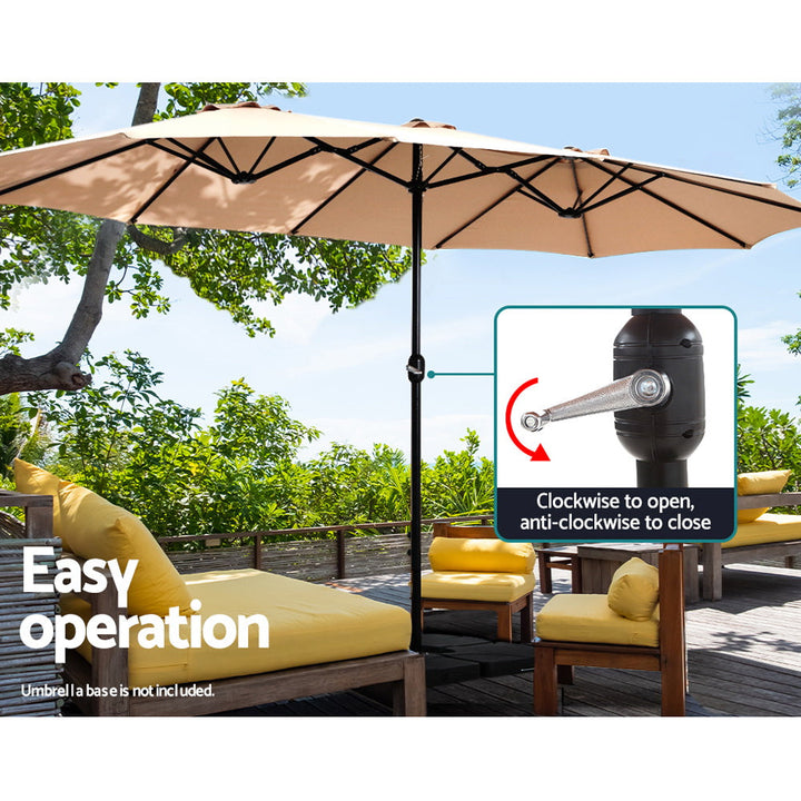 4.57m Extra Large Twin Umbrella with Base - Beige - Homecoze