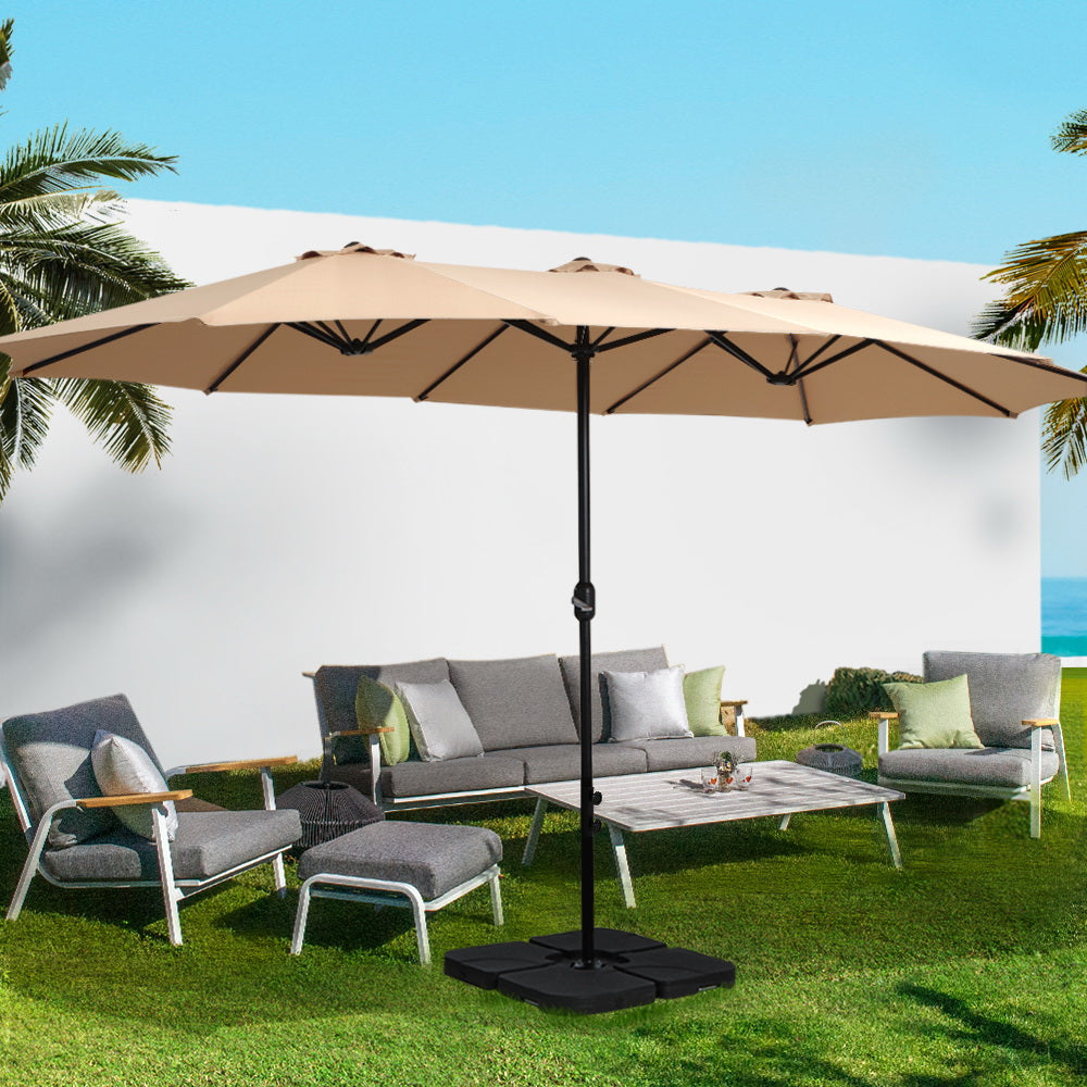 4.57m Extra Large Twin Umbrella with Base - Beige - Homecoze