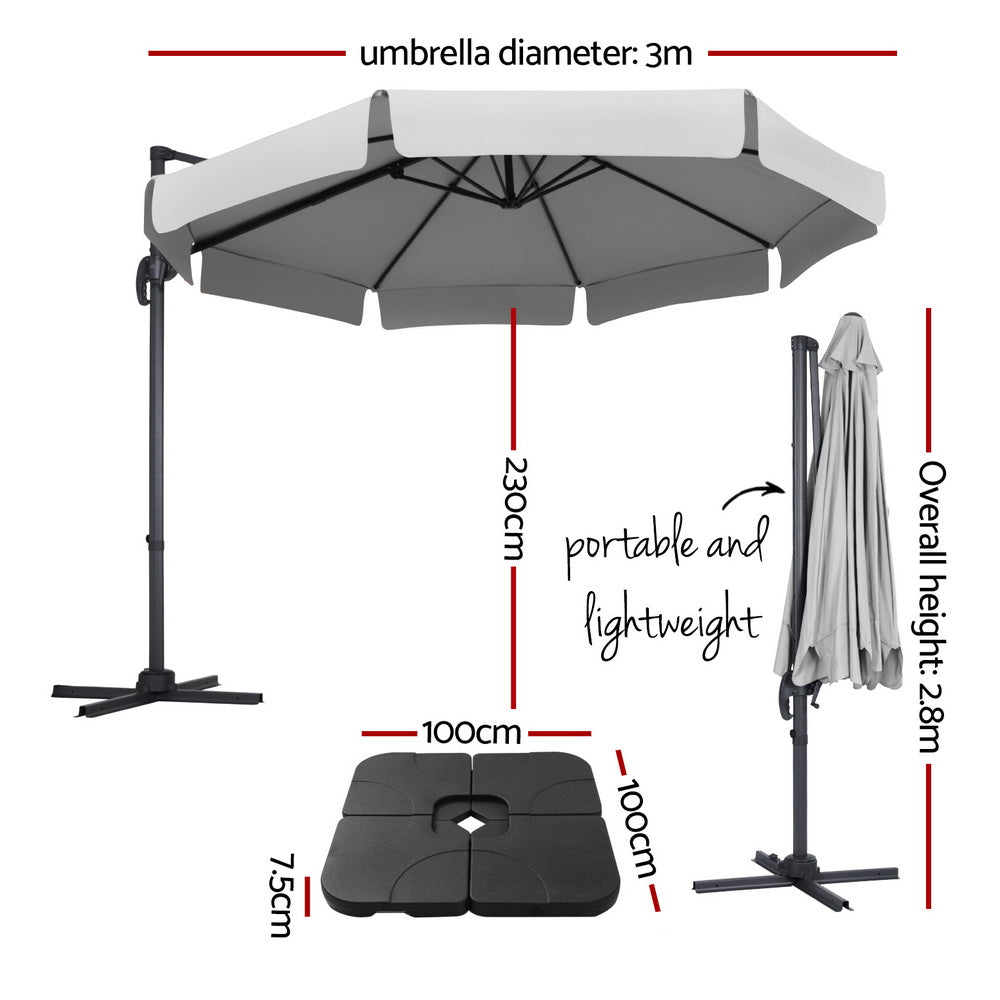 3m Rotatable Cantilever Valance Umbrella with Base - Grey