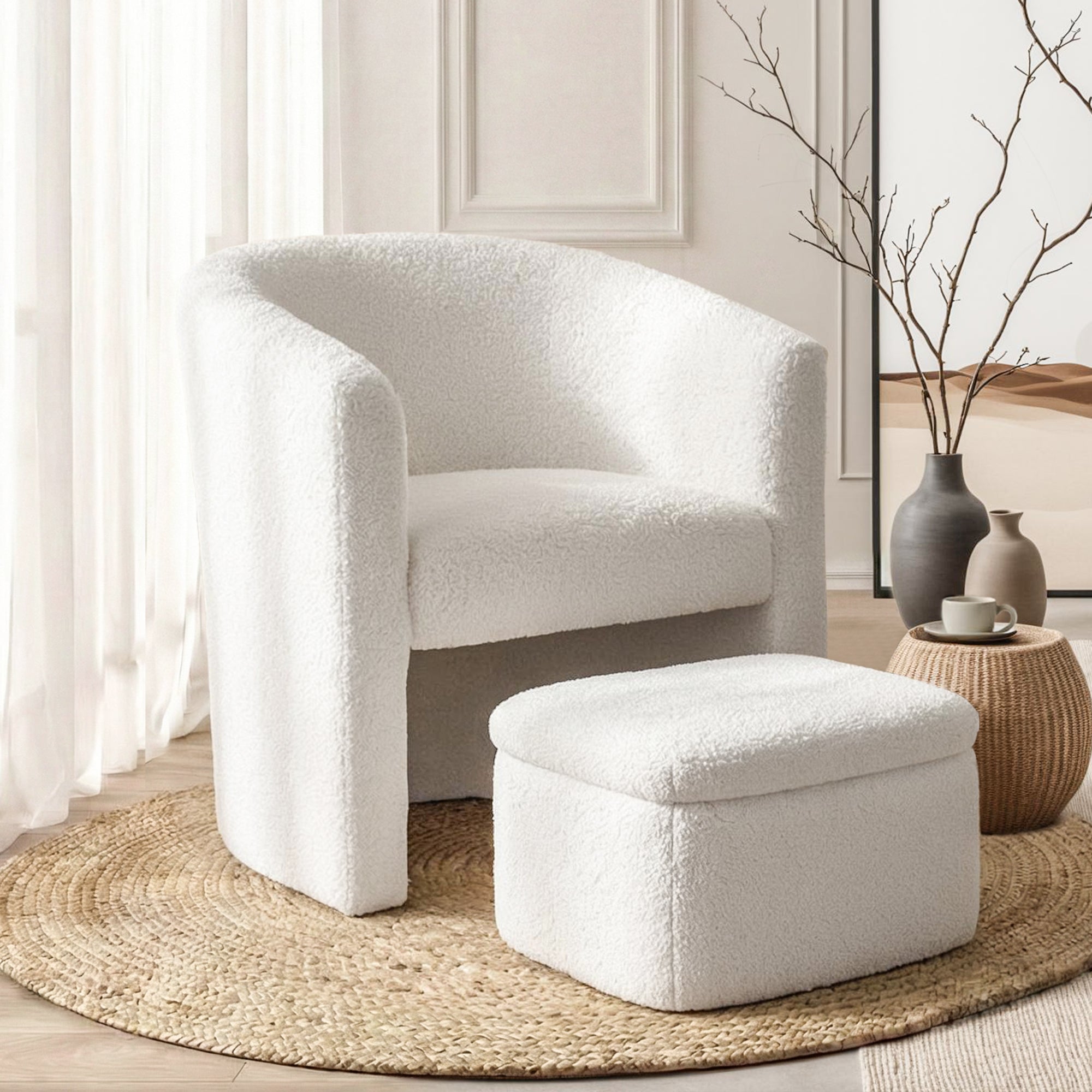 Artiss Armchair Accent Chair w/Ottoman Lounge Footrest Storage Boucle White - Homecoze