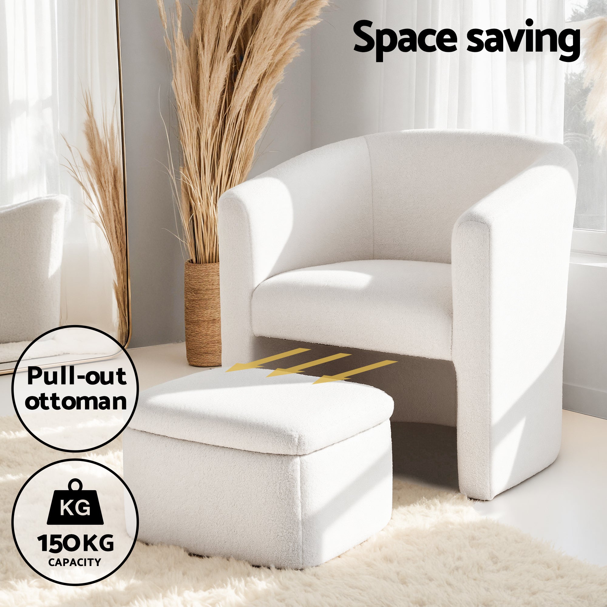Artiss Armchair Accent Chair w/Ottoman Lounge Footrest Storage Boucle White - Homecoze