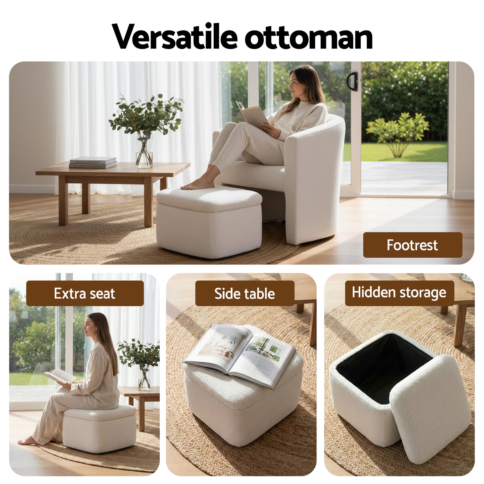 Artiss Armchair Accent Chair w/Ottoman Lounge Footrest Storage Boucle White - Homecoze
