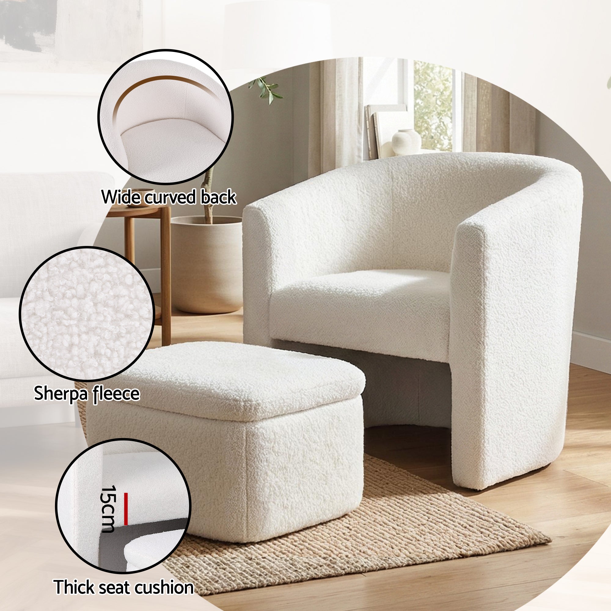 Artiss Armchair Accent Chair w/Ottoman Lounge Footrest Storage Boucle White - Homecoze