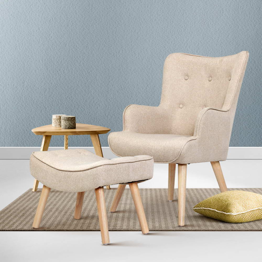 Fabric Feature Armchair with Ottoman - Beige - Homecoze