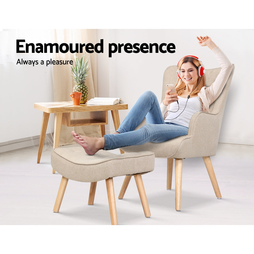 Fabric Feature Armchair with Ottoman - Beige - Homecoze