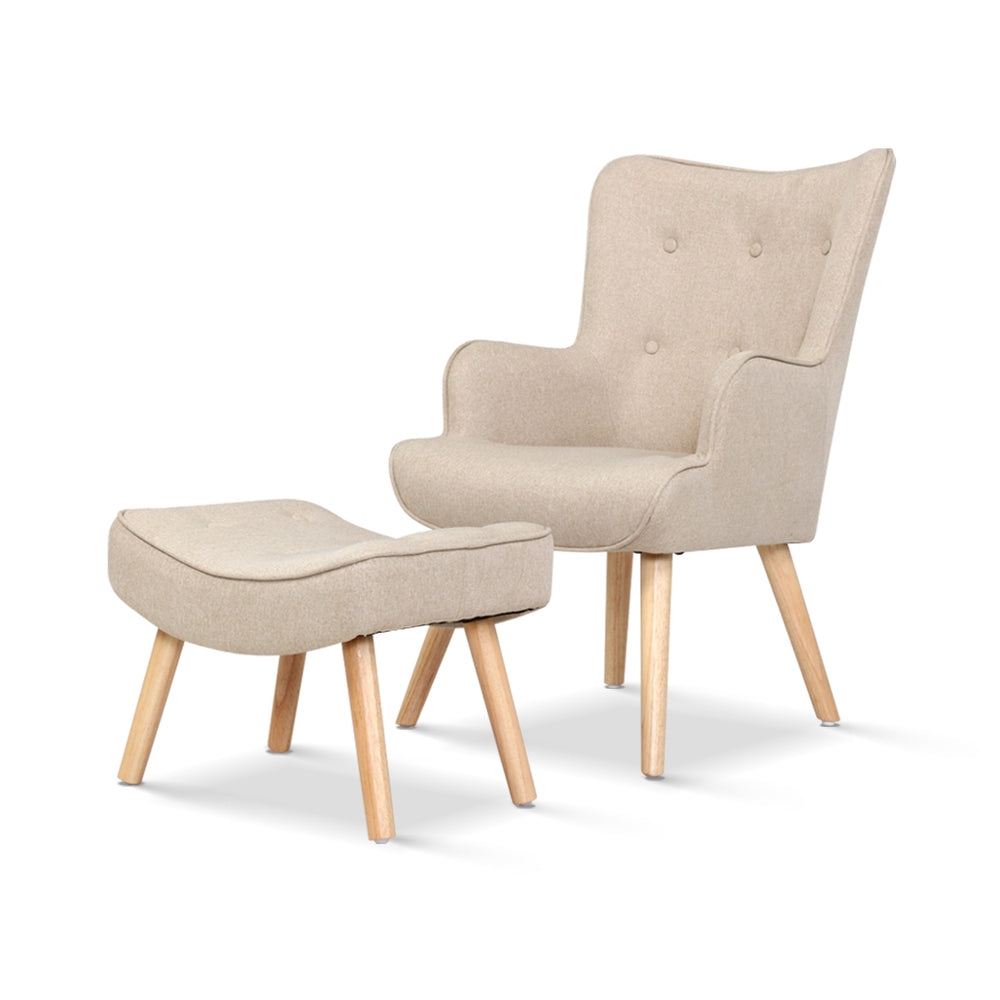 Fabric Feature Armchair with Ottoman - Beige - Homecoze