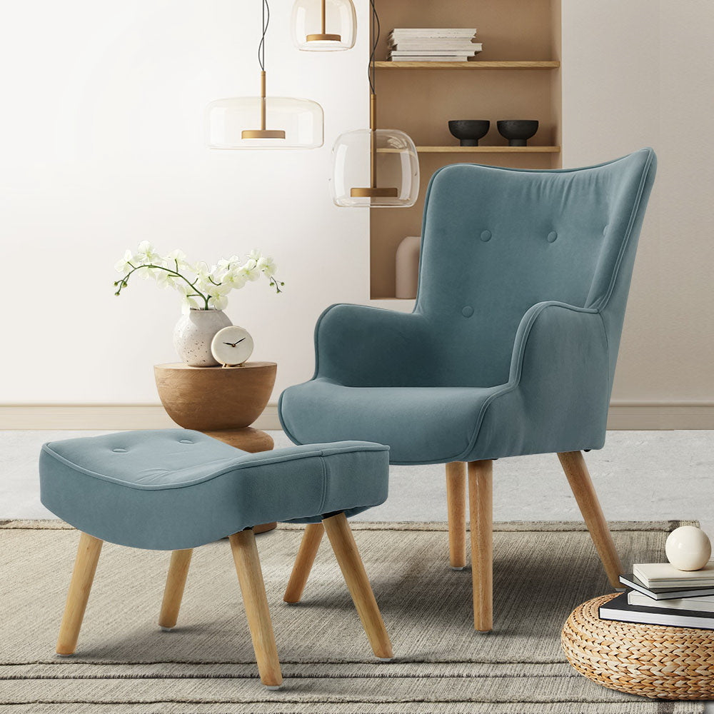 Fabric Feature Armchair with Ottoman - Blue - Homecoze