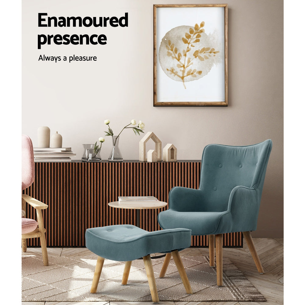 Fabric Feature Armchair with Ottoman - Blue - Homecoze