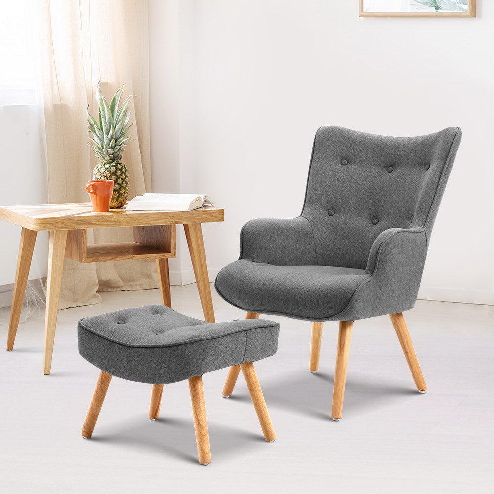 Fabric Feature Armchair with Ottoman - Grey - Homecoze