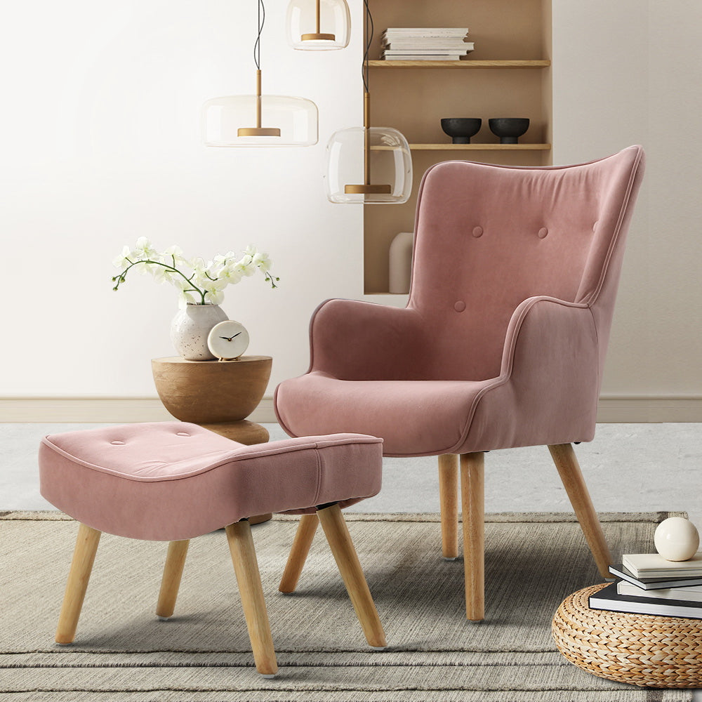 Fabric Feature Armchair with Ottoman - Pink - Homecoze