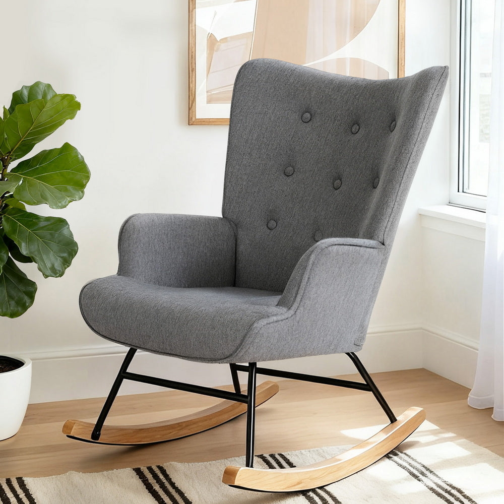 Nyla Faux Linen Rocking Chair - Grey - Homecoze