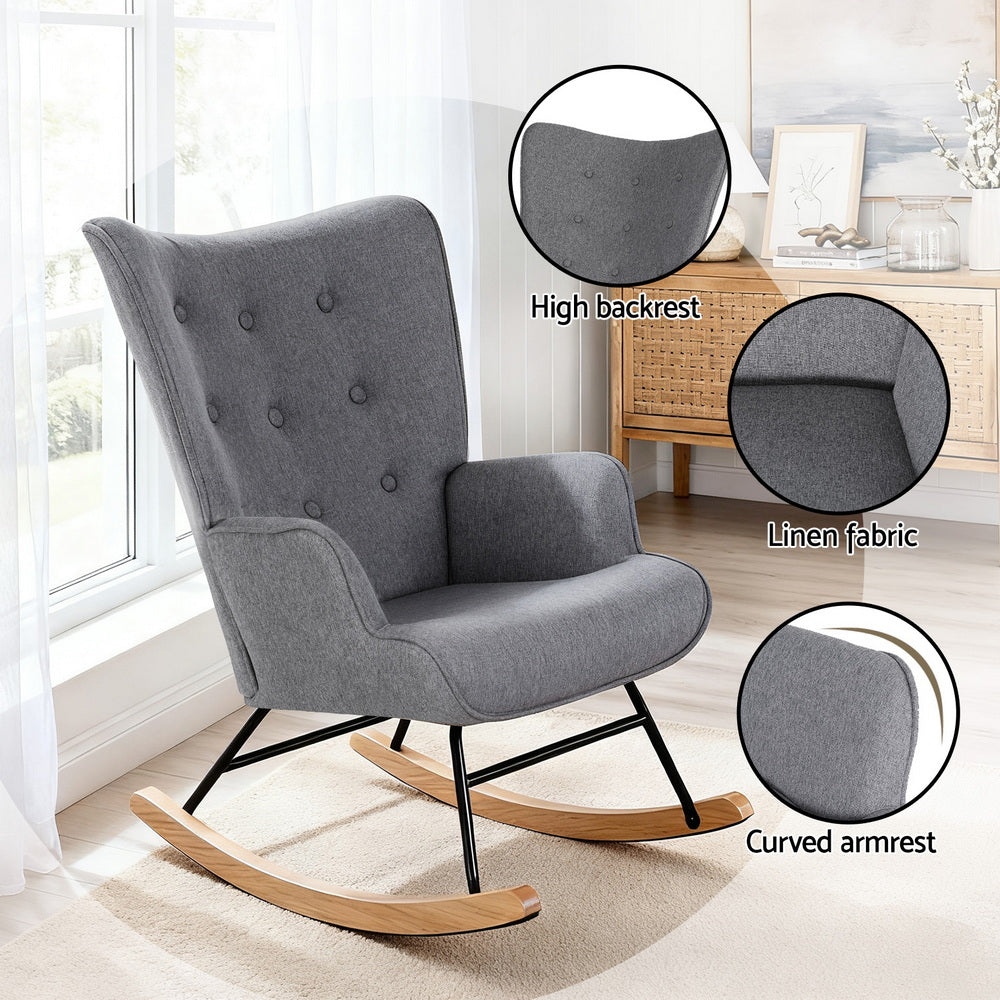 Nyla Faux Linen Rocking Chair - Grey - Homecoze