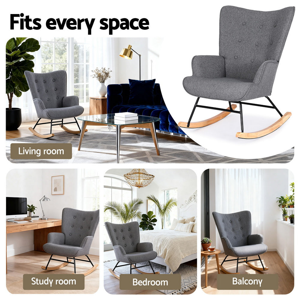 Nyla Faux Linen Rocking Chair - Grey - Homecoze