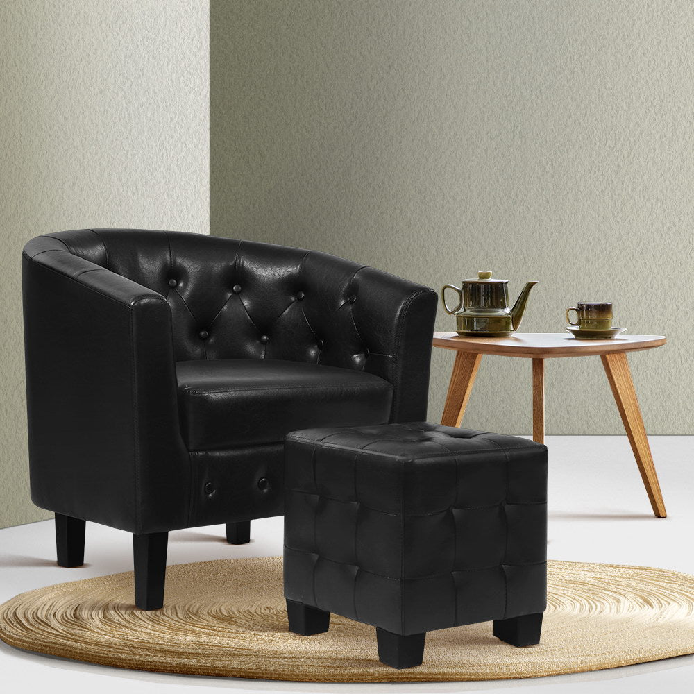 Low Back PU Leather Tub Armchair & Ottoman - Black - Homecoze