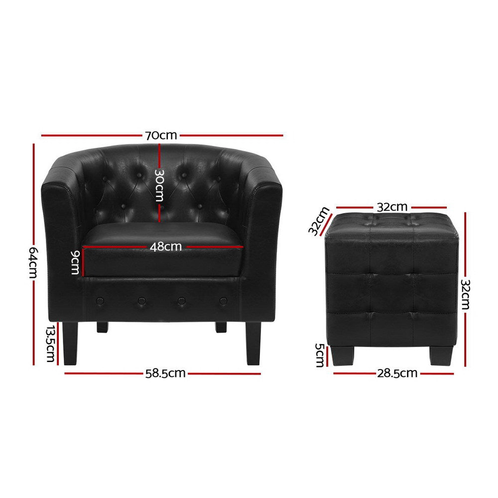 Low Back PU Leather Tub Armchair & Ottoman - Black - Homecoze