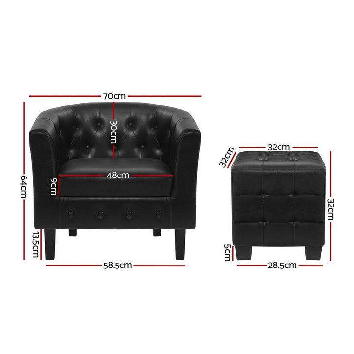 Low Back PU Leather Tub Armchair & Ottoman - Black - Homecoze