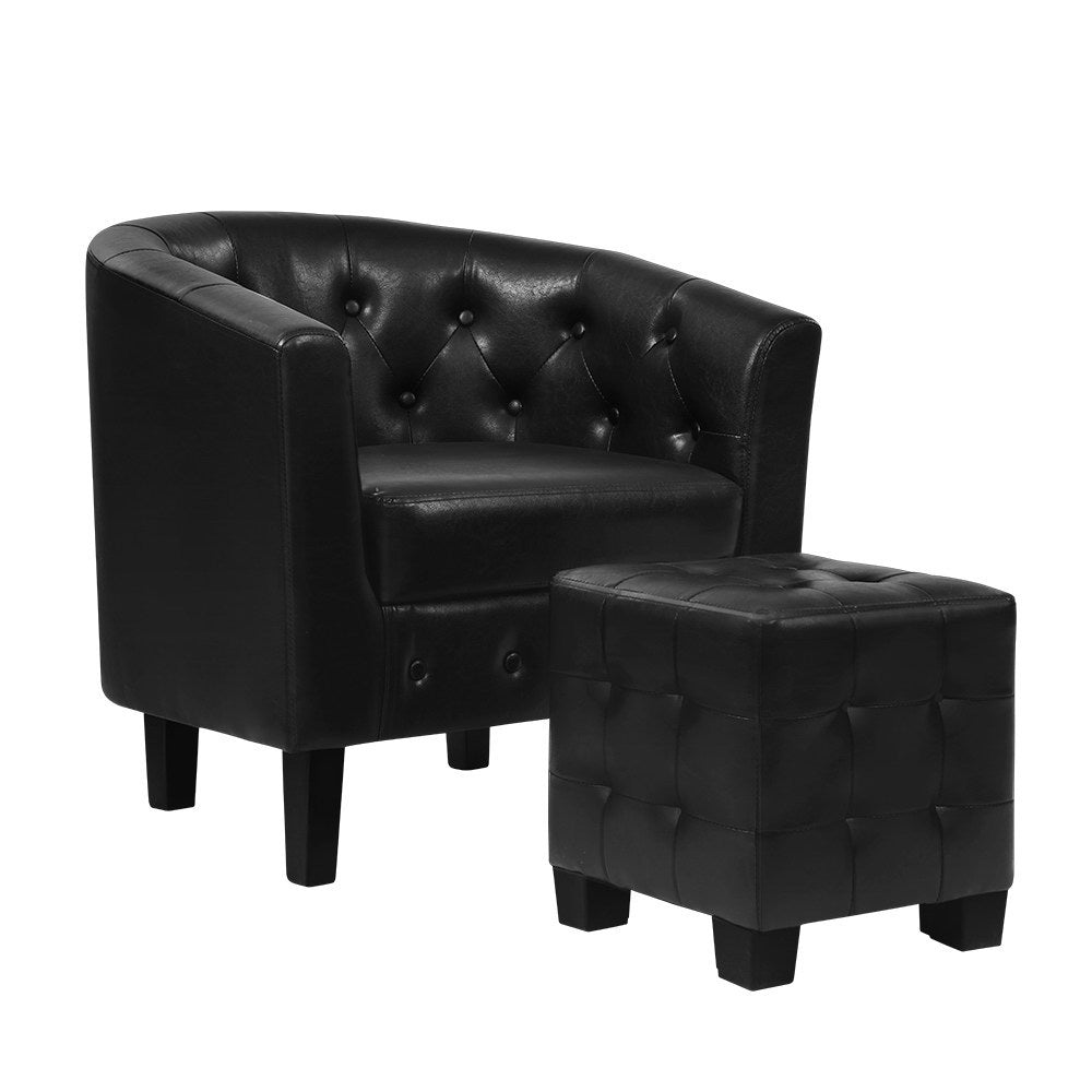 Low Back PU Leather Tub Armchair & Ottoman - Black - Homecoze