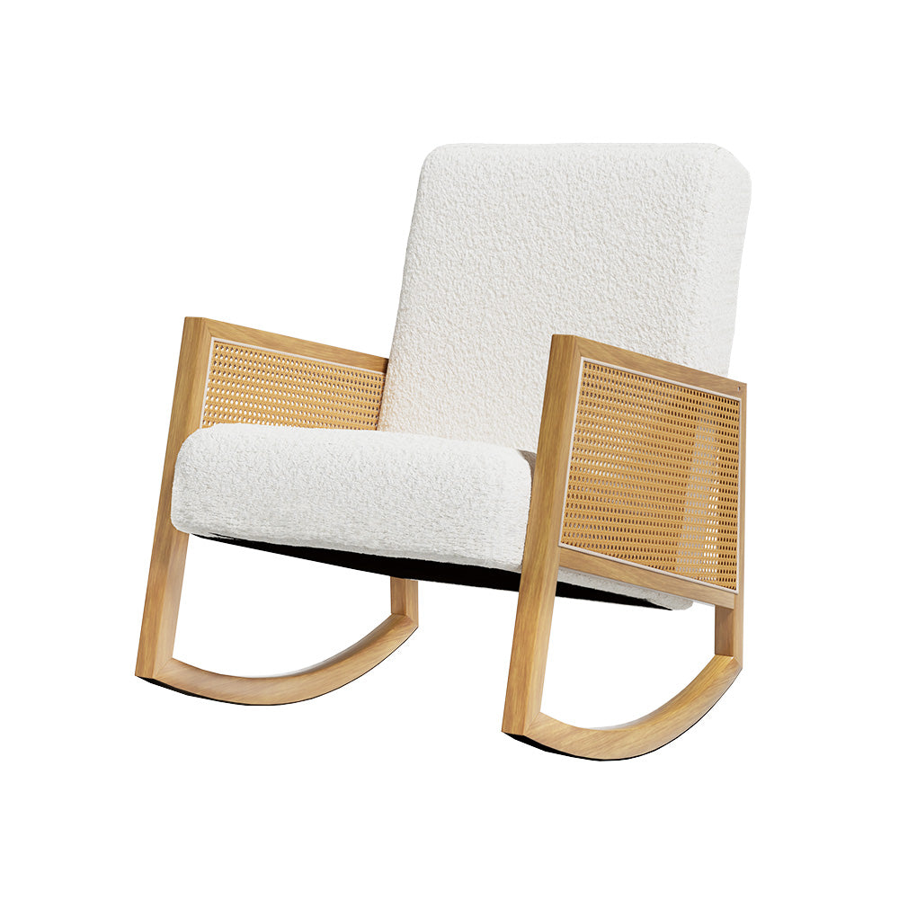 Rattan & Boucle Retro Nursing Rocking Chair - White & Oak - Homecoze