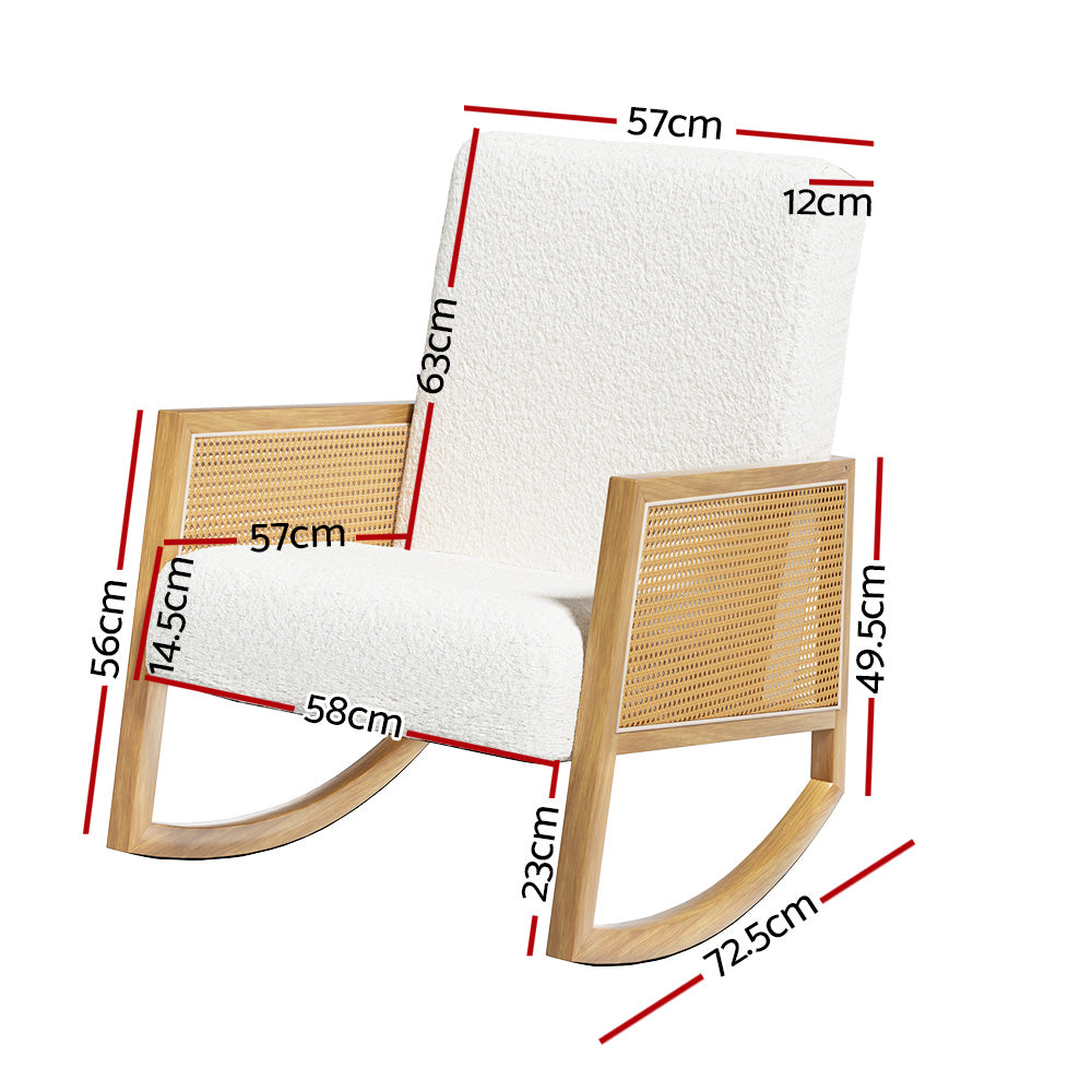 Rattan & Boucle Retro Nursing Rocking Chair - White & Oak - Homecoze