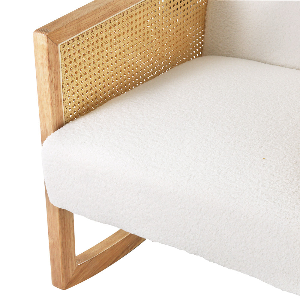 Rattan & Boucle Retro Nursing Rocking Chair - White & Oak - Homecoze