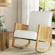 Rattan & Boucle Retro Nursing Rocking Chair - White & Oak - Homecoze