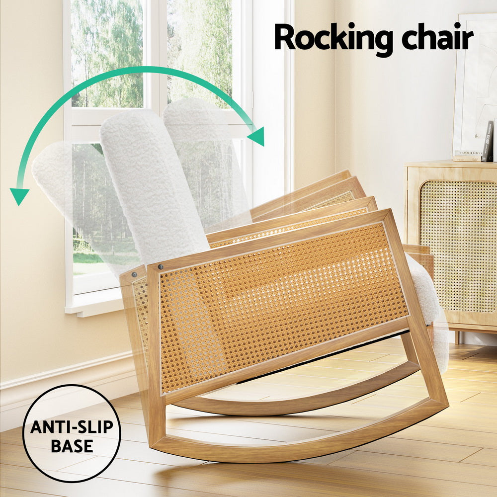 Rattan & Boucle Retro Nursing Rocking Chair - White & Oak - Homecoze