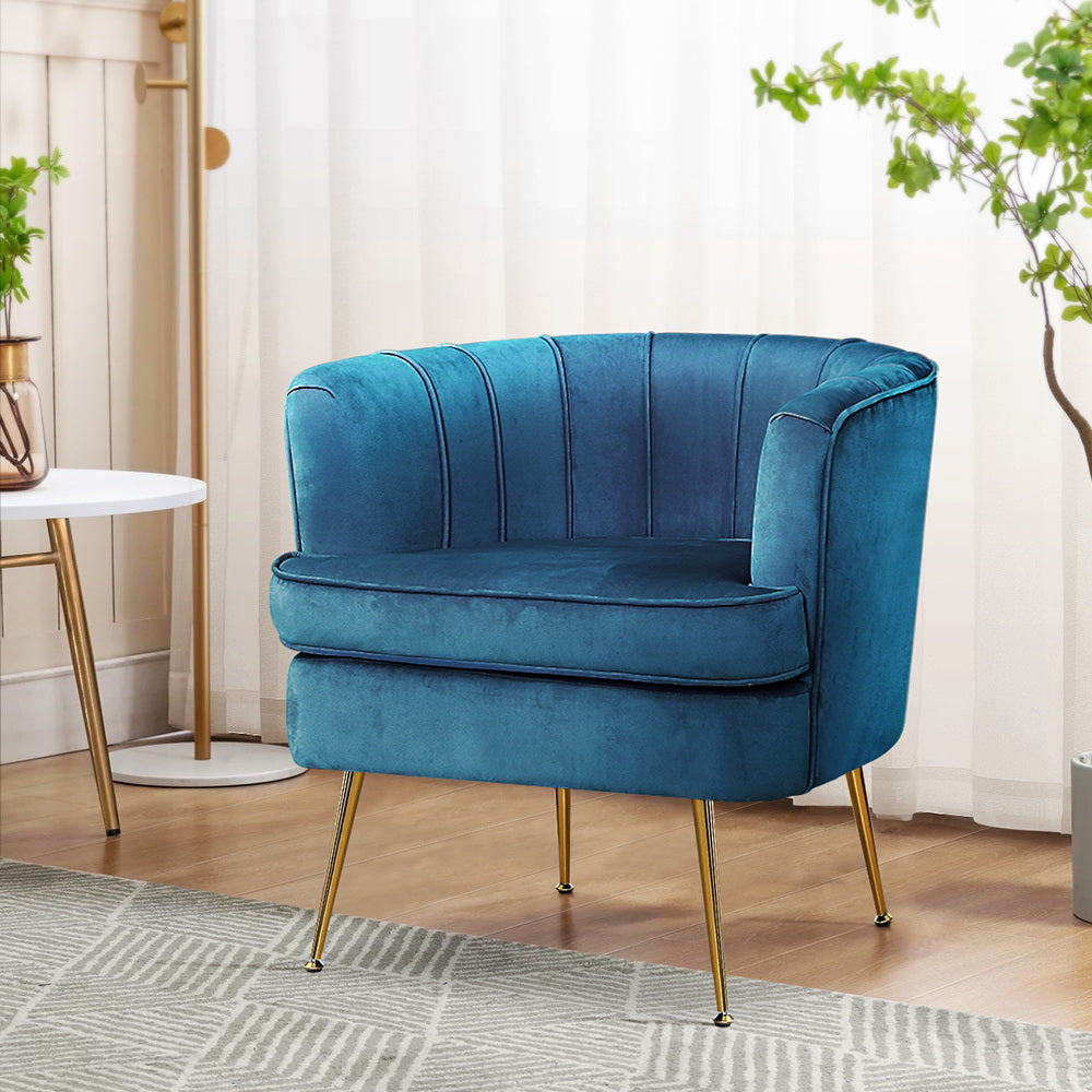 Classic Retro Tub Velvet Accent Armchair - Blue - Homecoze