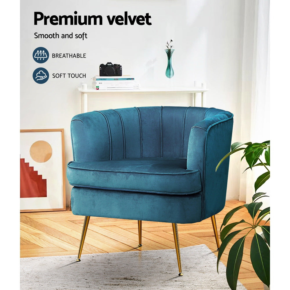 Classic Retro Tub Velvet Accent Armchair - Blue - Homecoze