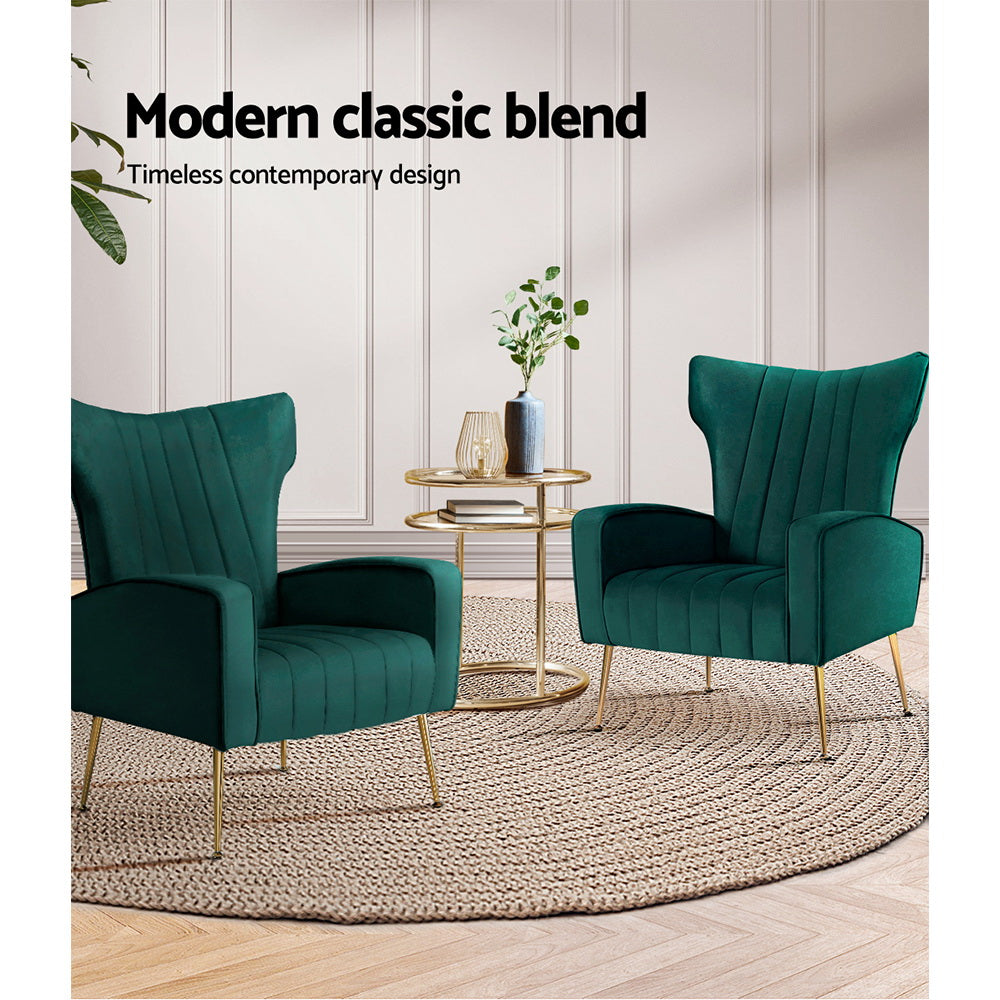 Classic Retro High Back Velvet Accent Armchair - Green - Homecoze