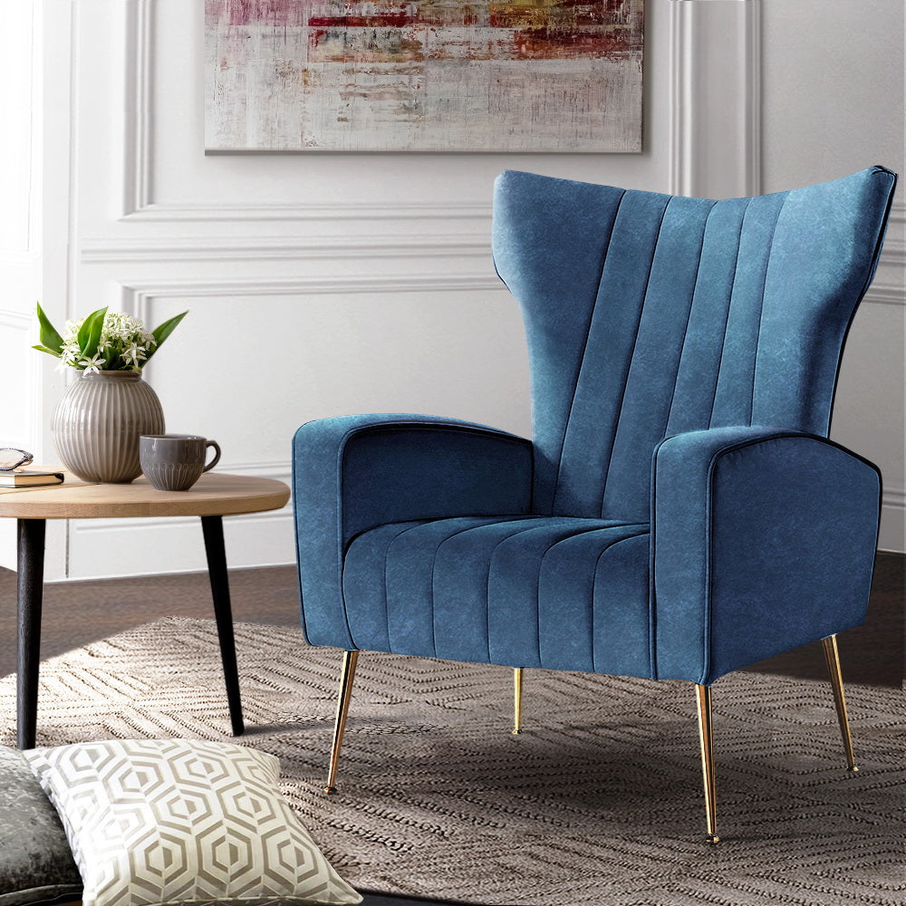 Classic Retro High Back Velvet Accent Armchair - Blue - Homecoze
