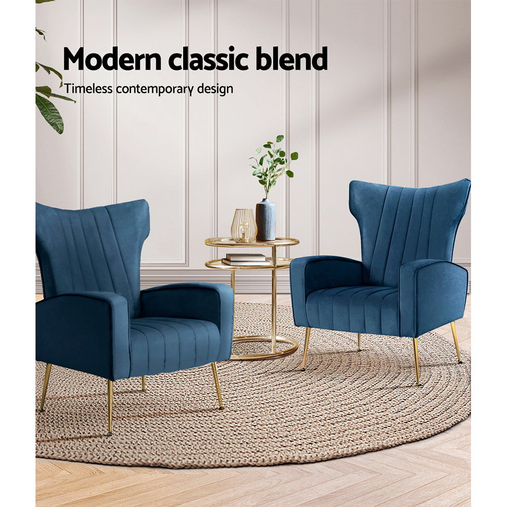 Classic Retro High Back Velvet Accent Armchair - Blue - Homecoze