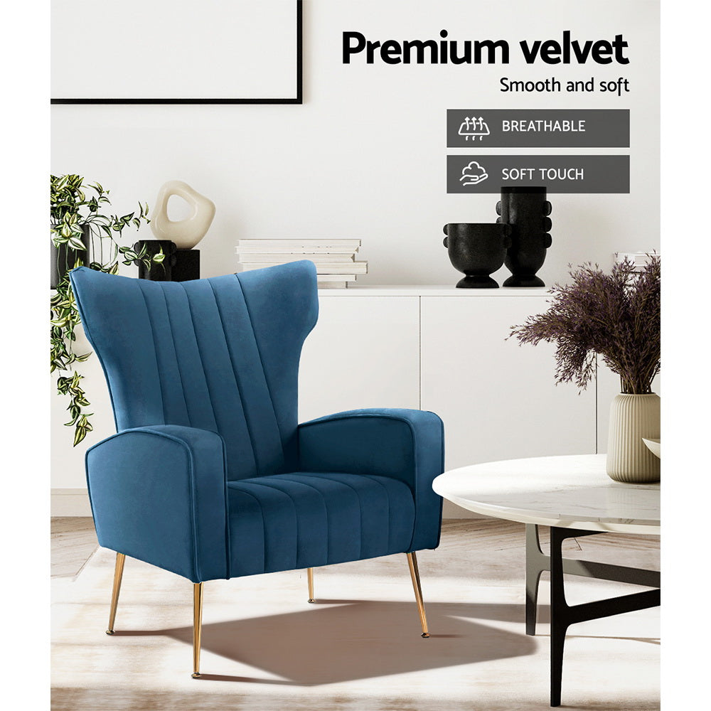 Classic Retro High Back Velvet Accent Armchair - Blue - Homecoze