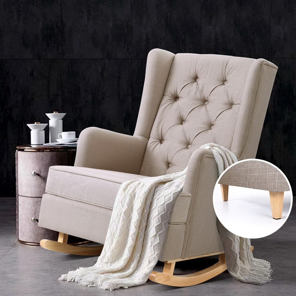 Convertible Rocking or Stationary Armchair Chair - Beige Fabric - Homecoze