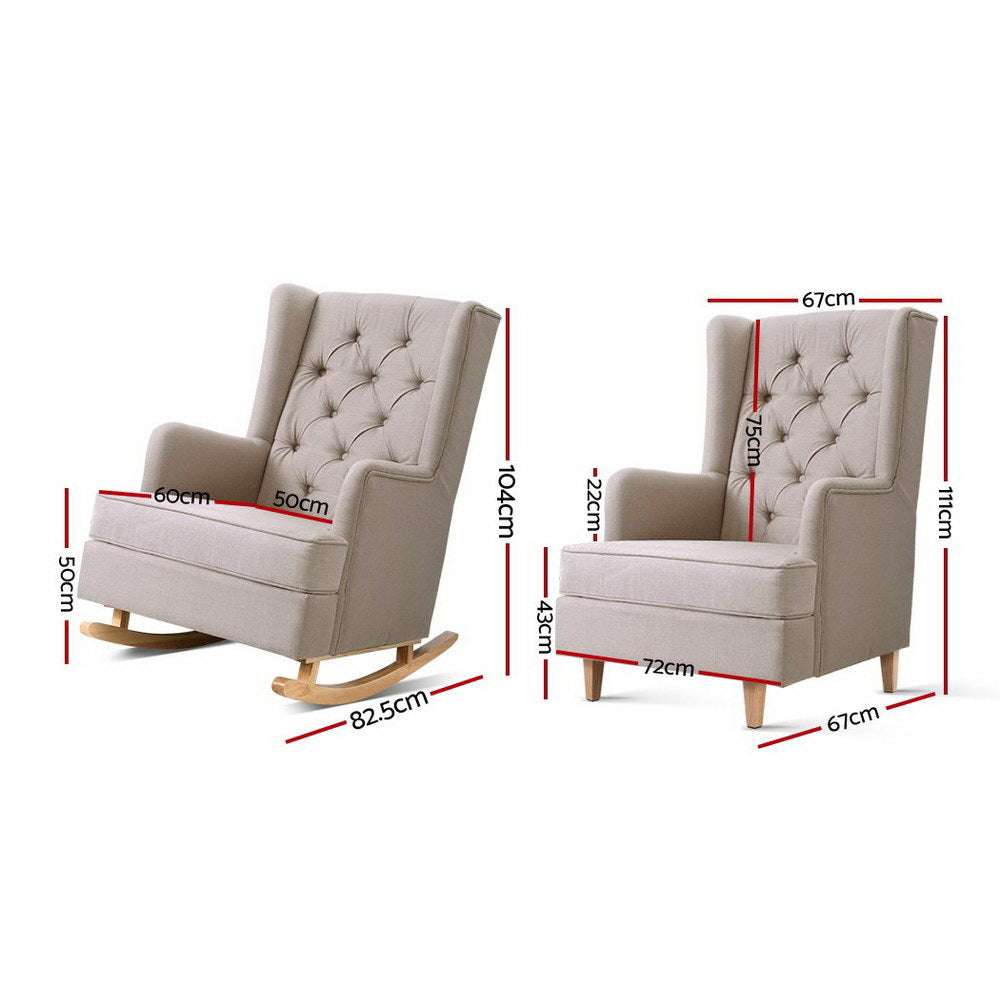 Convertible Rocking or Stationary Armchair Chair - Beige Fabric - Homecoze
