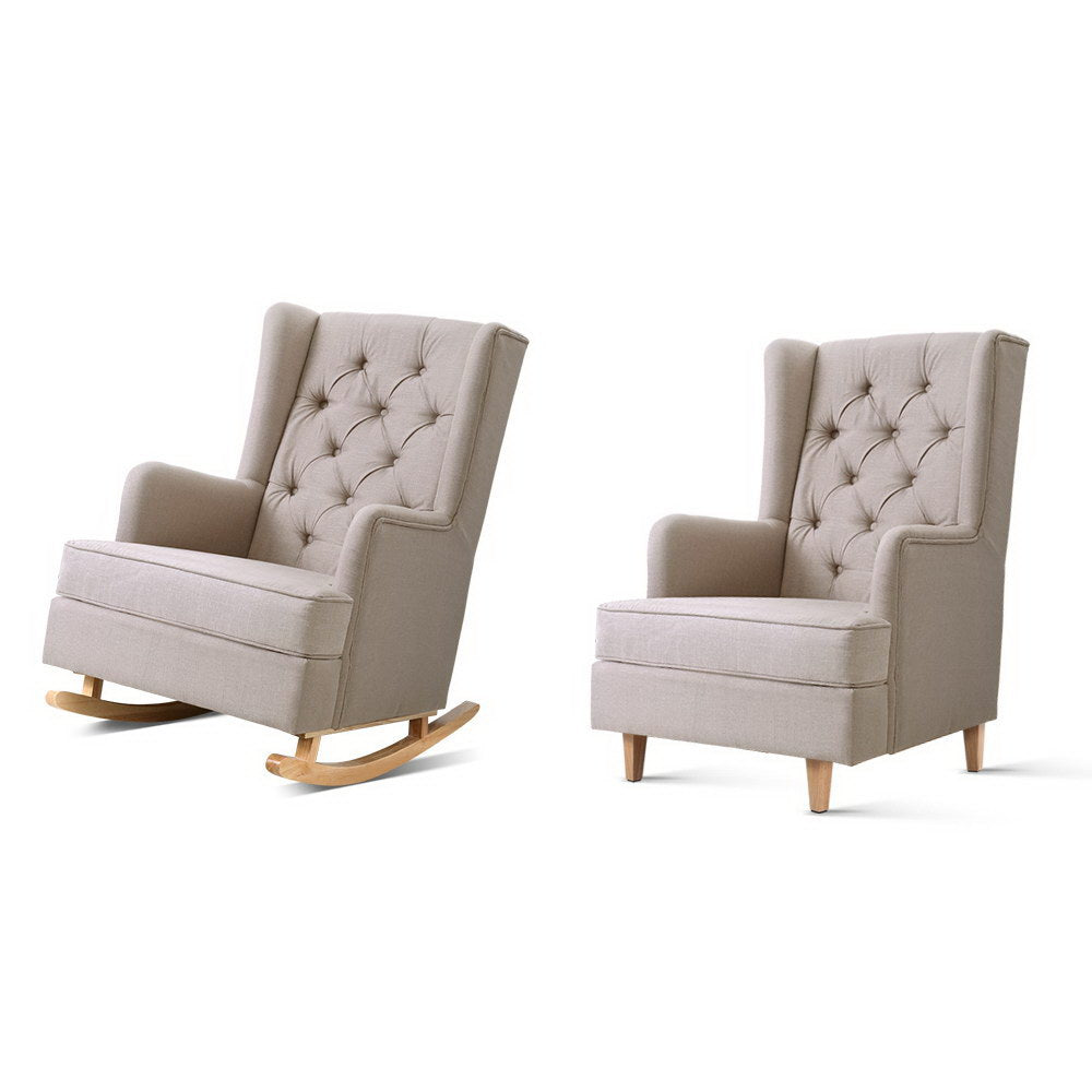 Convertible Rocking or Stationary Armchair Chair - Beige Fabric - Homecoze