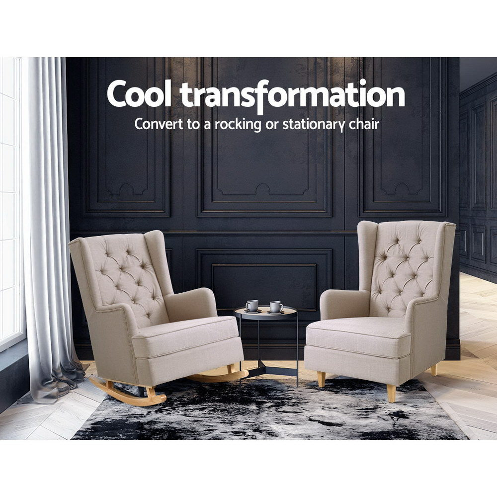 Convertible Rocking or Stationary Armchair Chair - Beige Fabric - Homecoze