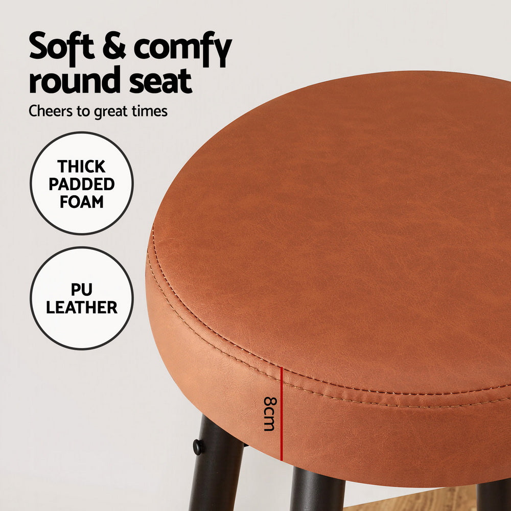 Artiss 2x Bar Stools Kitchen Dining Chairs Counter Round PU Leather Lane Brown - Homecoze